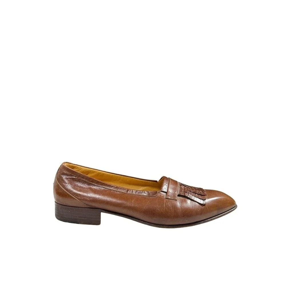 VTG Hermes Brown Leather Loafers Sz 12 Kiltie Fringe Classic Luxury Business